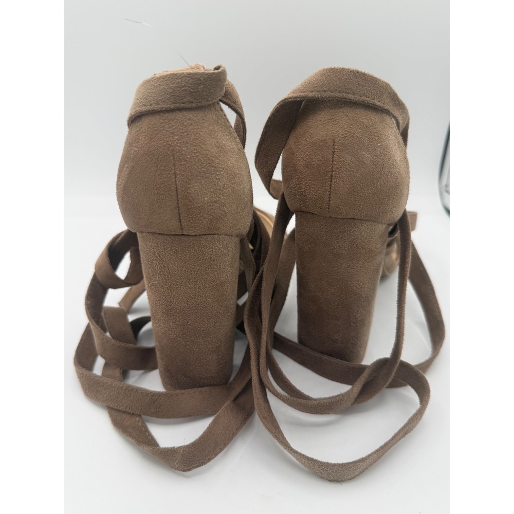 Brown Faux Suede Lace Up Block Heel Sandals Ankle Wrap Strappy 4 Inch Heel